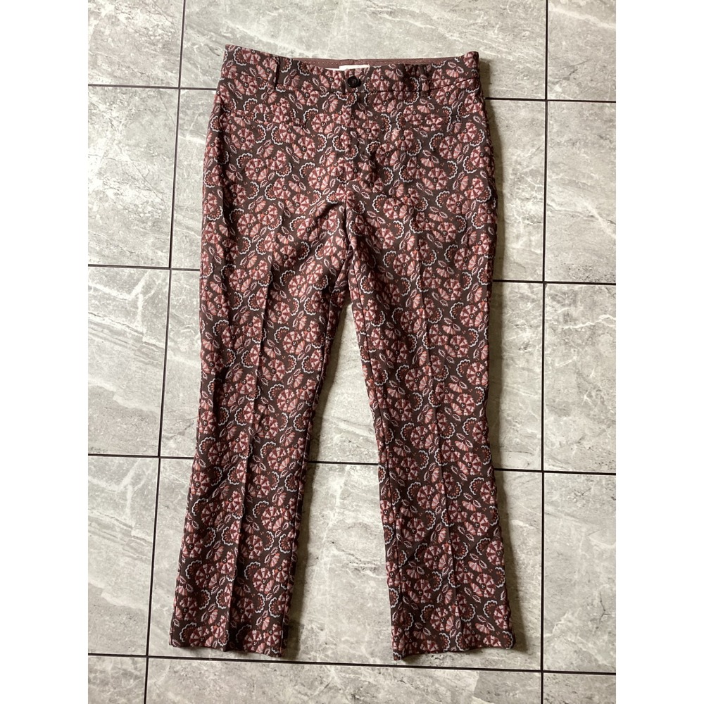 Anthropologie The Essential Slim Floral Pants Brown Pink Ankle Trousers Size 10
